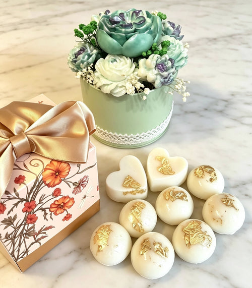 Heart-shaped and round luxury wax melts with gold leaf embellishments in floral gift box – Lux & Lustre