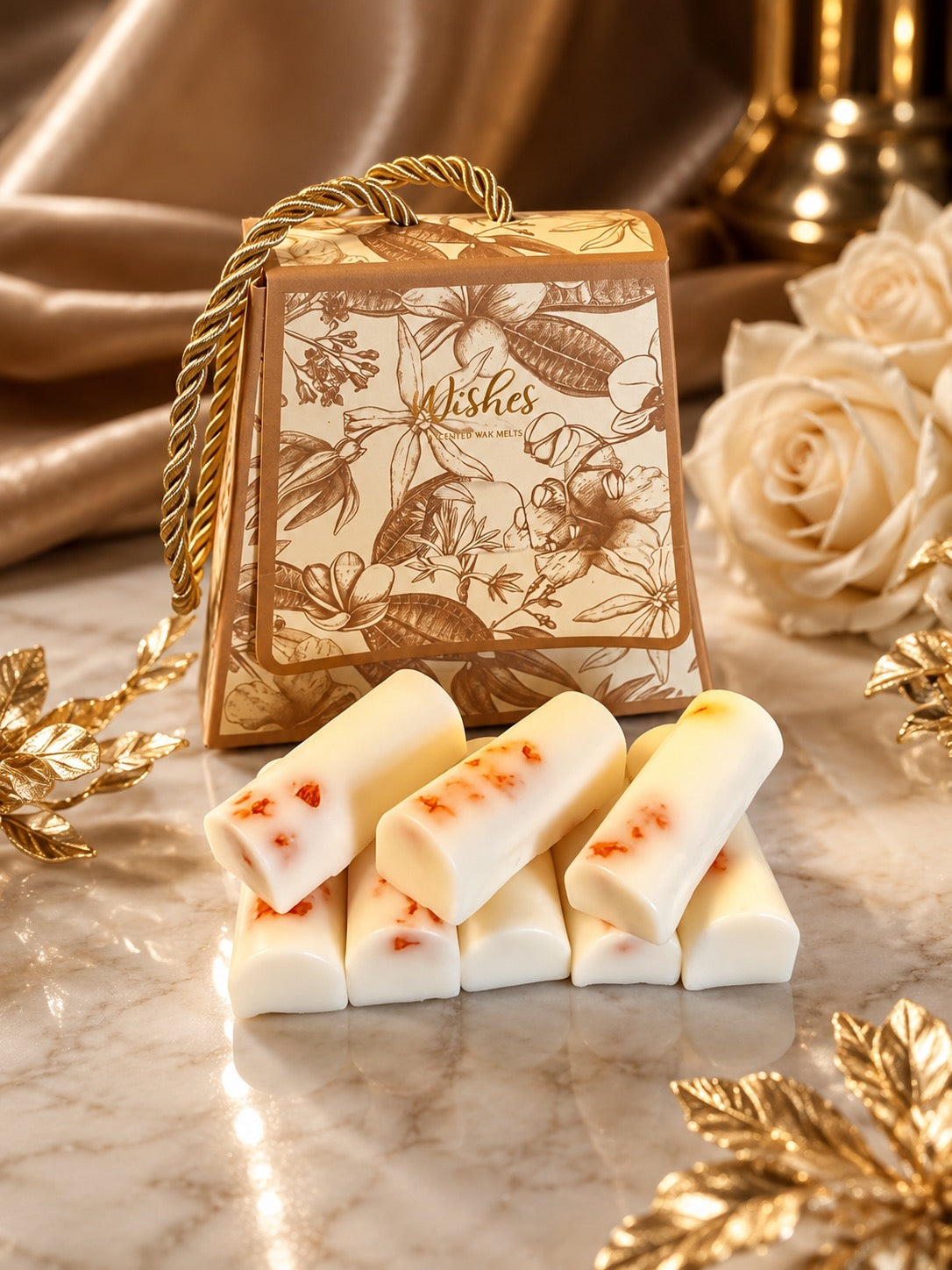 Lemongrass & Ginger luxury wax melts with dried botanicals and floral gift box on marble surface – Lux & Lustre