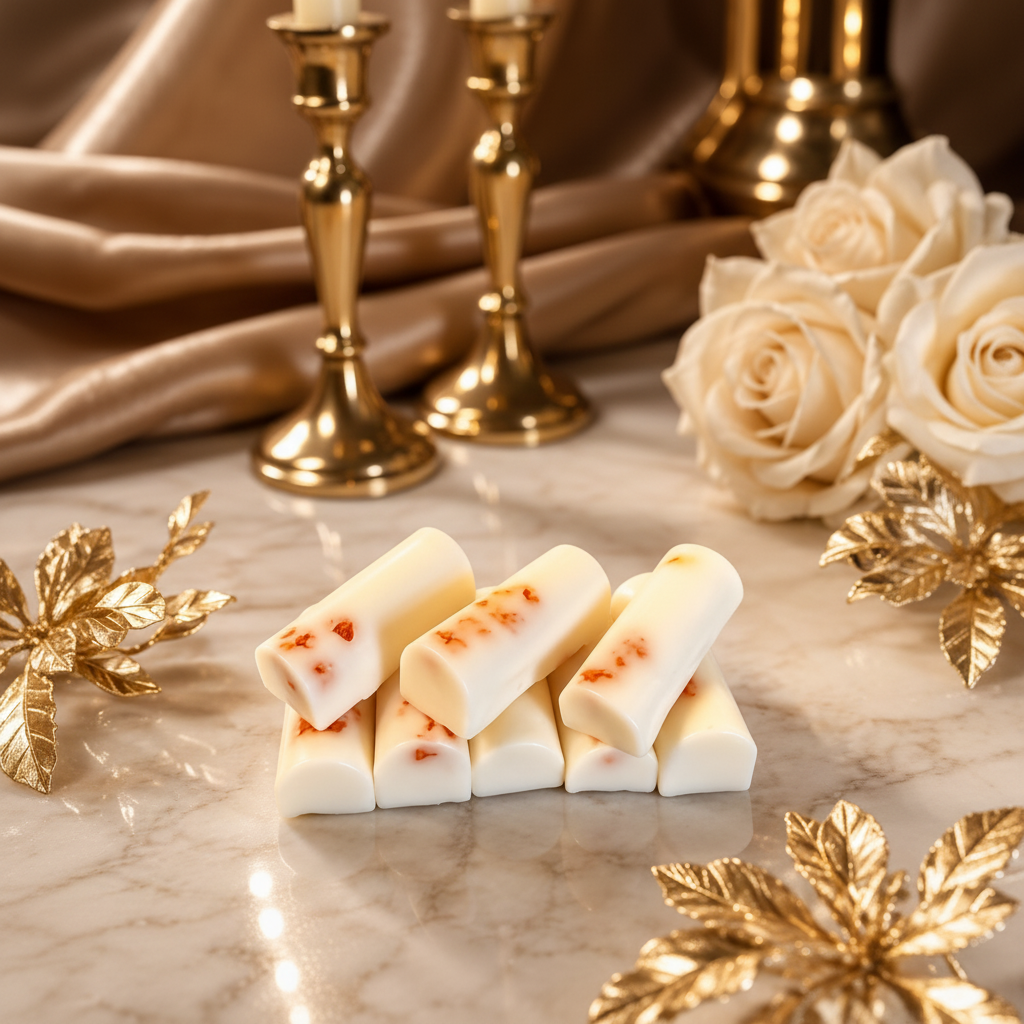 Luxury cylindrical wax melts with botanicals on marble surface with gold candlesticks – Lux & Lustre