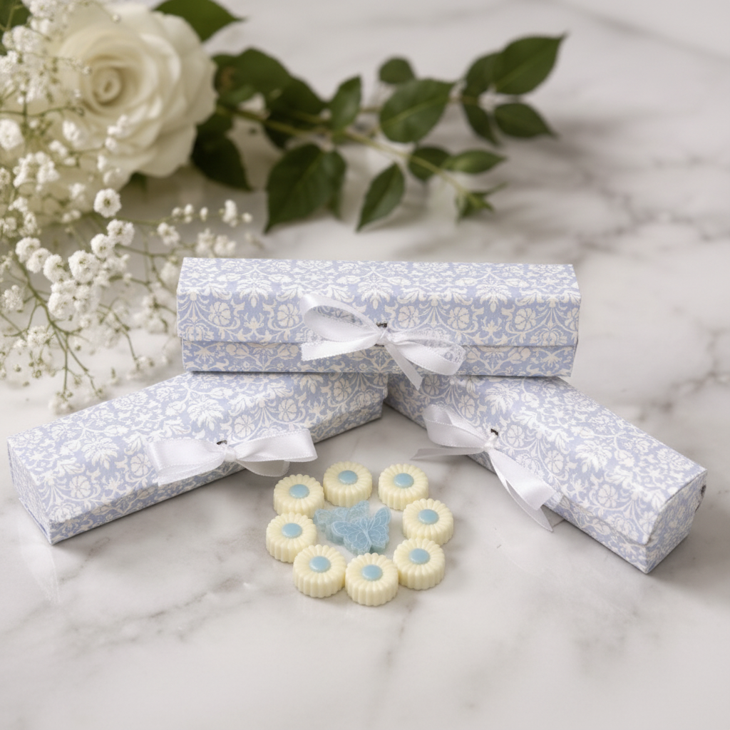 Fresh Linen flower-shaped soy wax melts with blue butterfly detail and damask gift box on white marble – Lux & Lustre