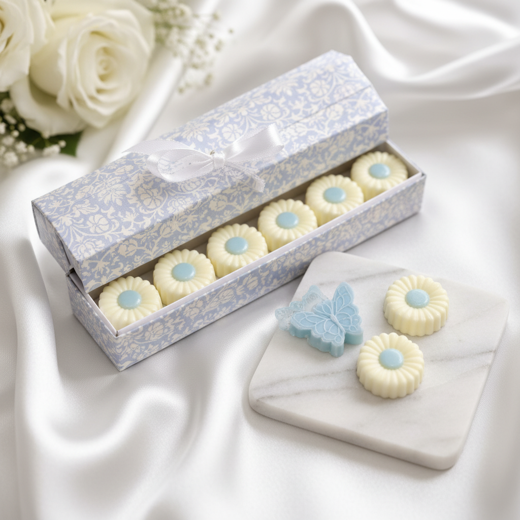 Fresh Linen luxury wax melts in open pale blue damask gift box with white satin ribbon – Lux & Lustre