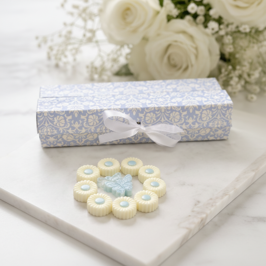 Flower-shaped Fresh Linen wax melts with blue butterfly centrepiece in front of damask gift boxes – Lux & Lustre