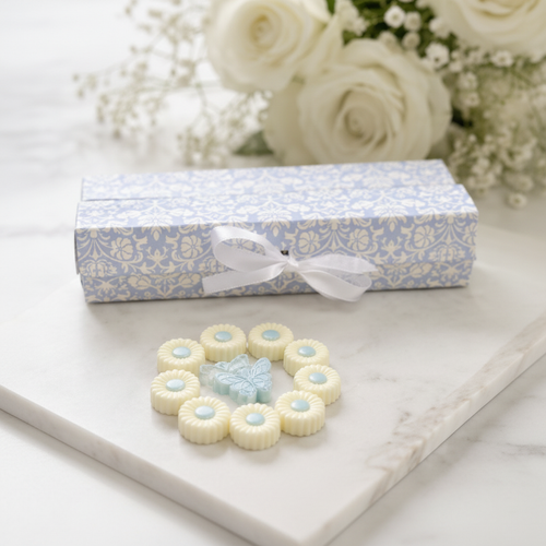 Flower-shaped Fresh Linen wax melts with blue butterfly centrepiece in front of damask gift boxes – Lux & Lustre