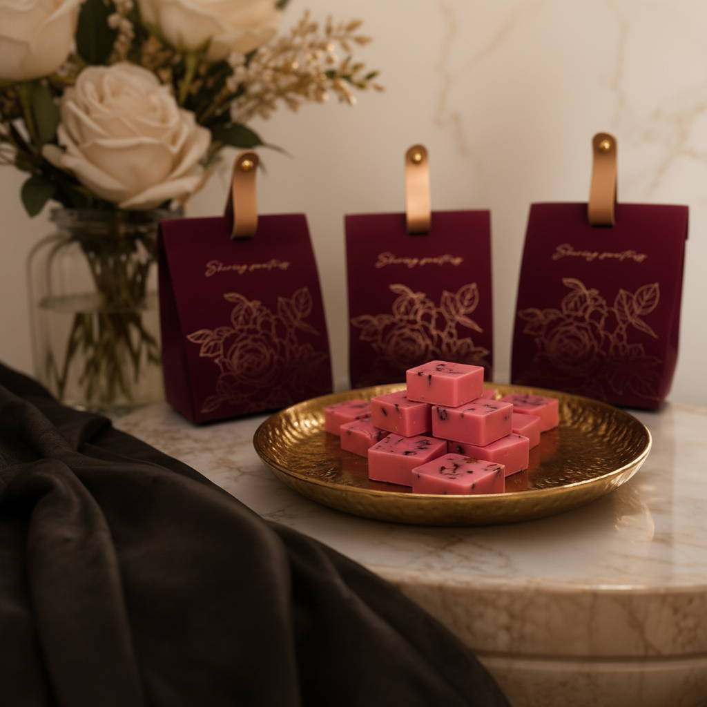 Lux Spice deep rose wax melts close up on dark velvet with gold tray – Lux & Lustre