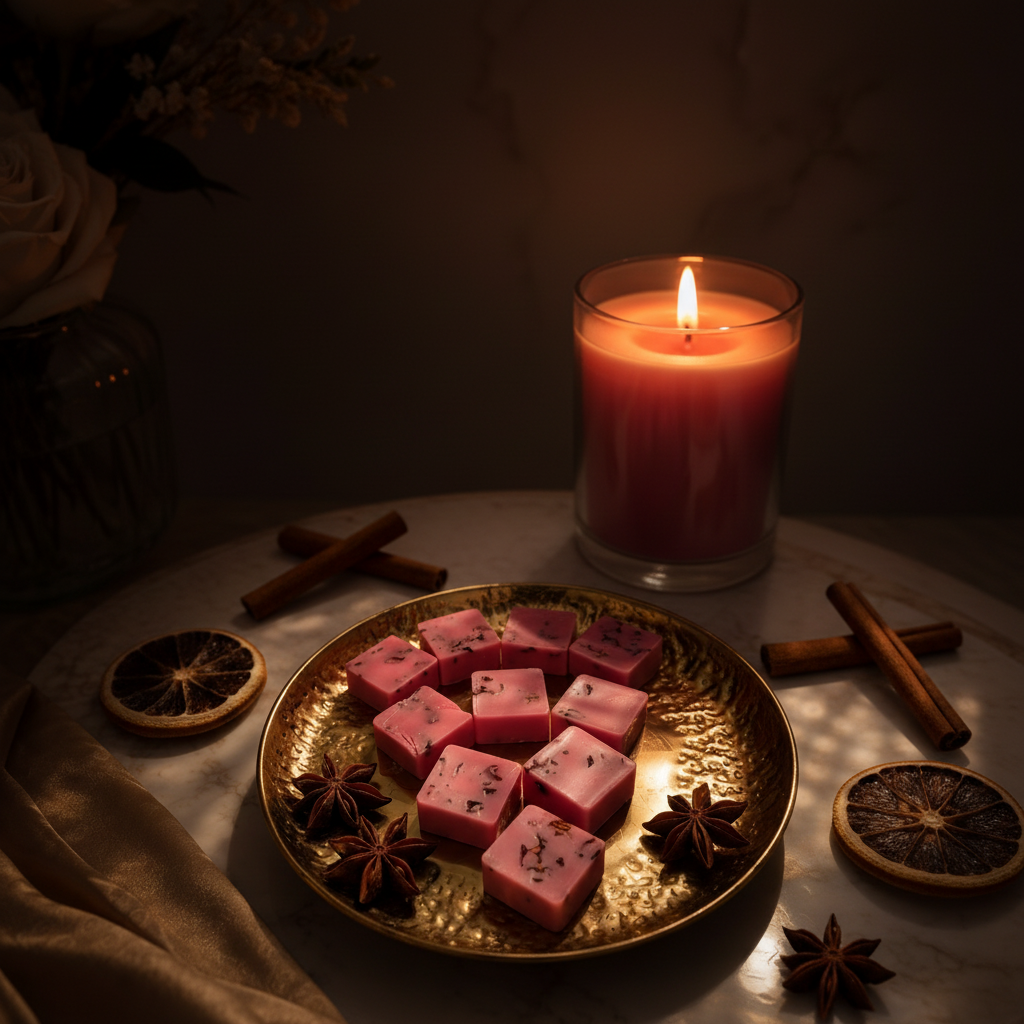 Lux Spice wax melts lifestyle shot with cinnamon sticks and star anise on dark background – Lux & Lustre