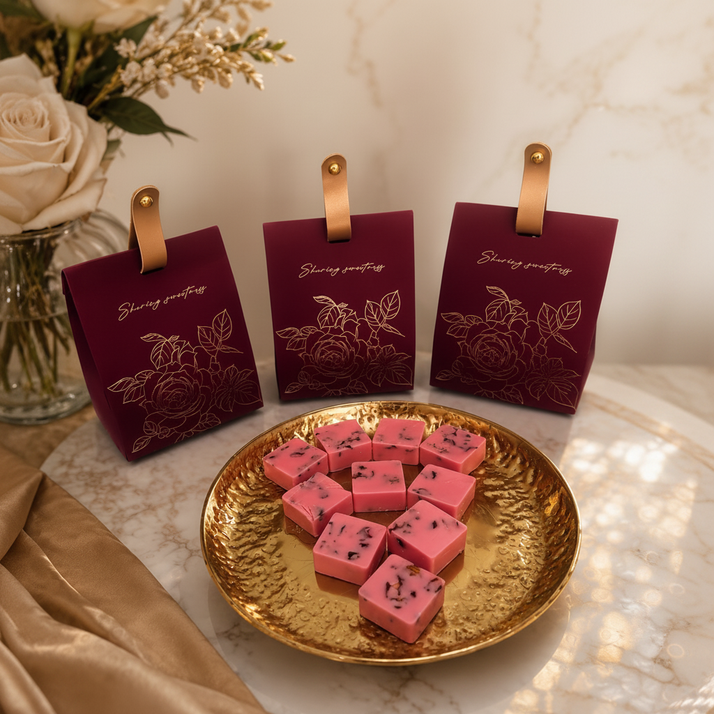 Lux Spice rose pink wax melts on gold tray with burgundy floral gift bags on marble – Lux & Lustre