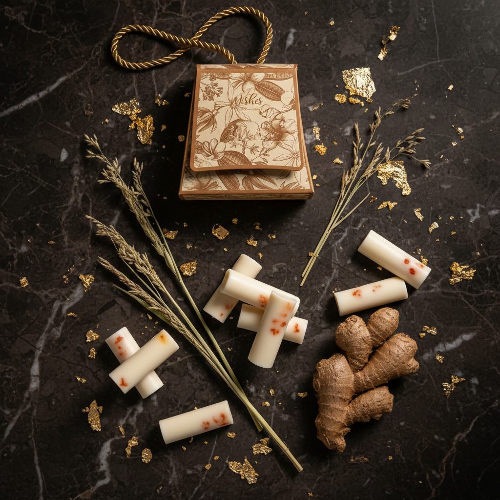 Lemongrass & Ginger soy wax melts with dried botanicals, dark moody flat lay – Lux & Lustre