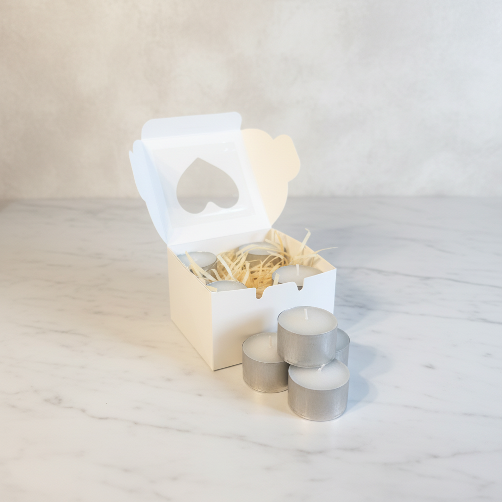 Luxury white tealight candles in heart-window gift box on white marble – Lux & Lustre