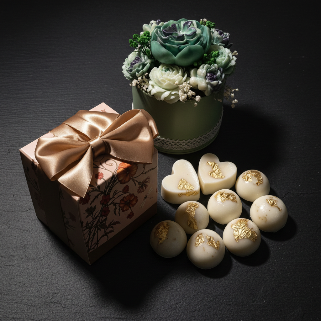 Luxury wax melts with gold leaf detail on dark slate background – Lux & Lustre