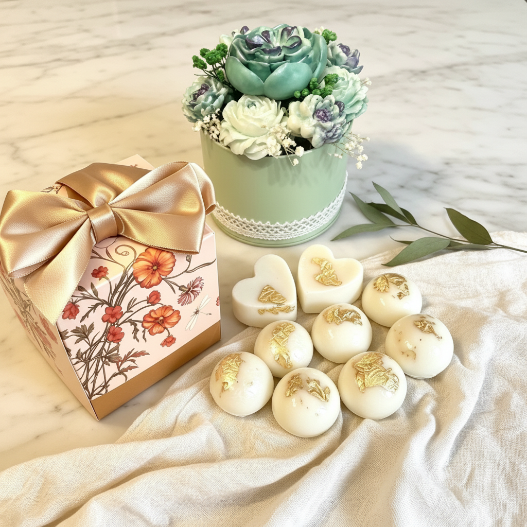 Luxury wax melts lifestyle shot with wax melt flowers and linen styling – Lux & Lustre